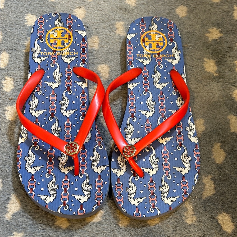 Tory Burch Red and Blue Seahorse Flip Flops 7